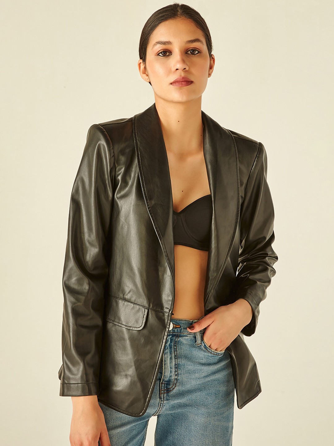 

COVER STORY Women Open Front PU Blazer, Black