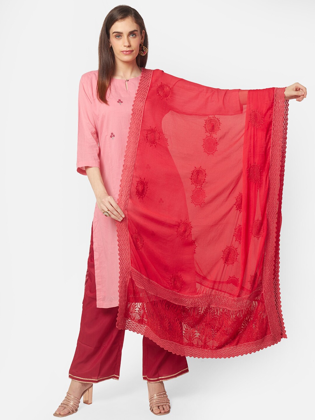 

Dupatta Bazaar Ethnic Motifs Embroidered Dupatta with Thread Work, Red