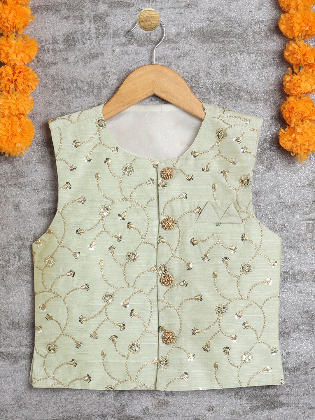 

ahhaaaa Boys Ethnic Malbari Silk Embellished Waistcoat, Green