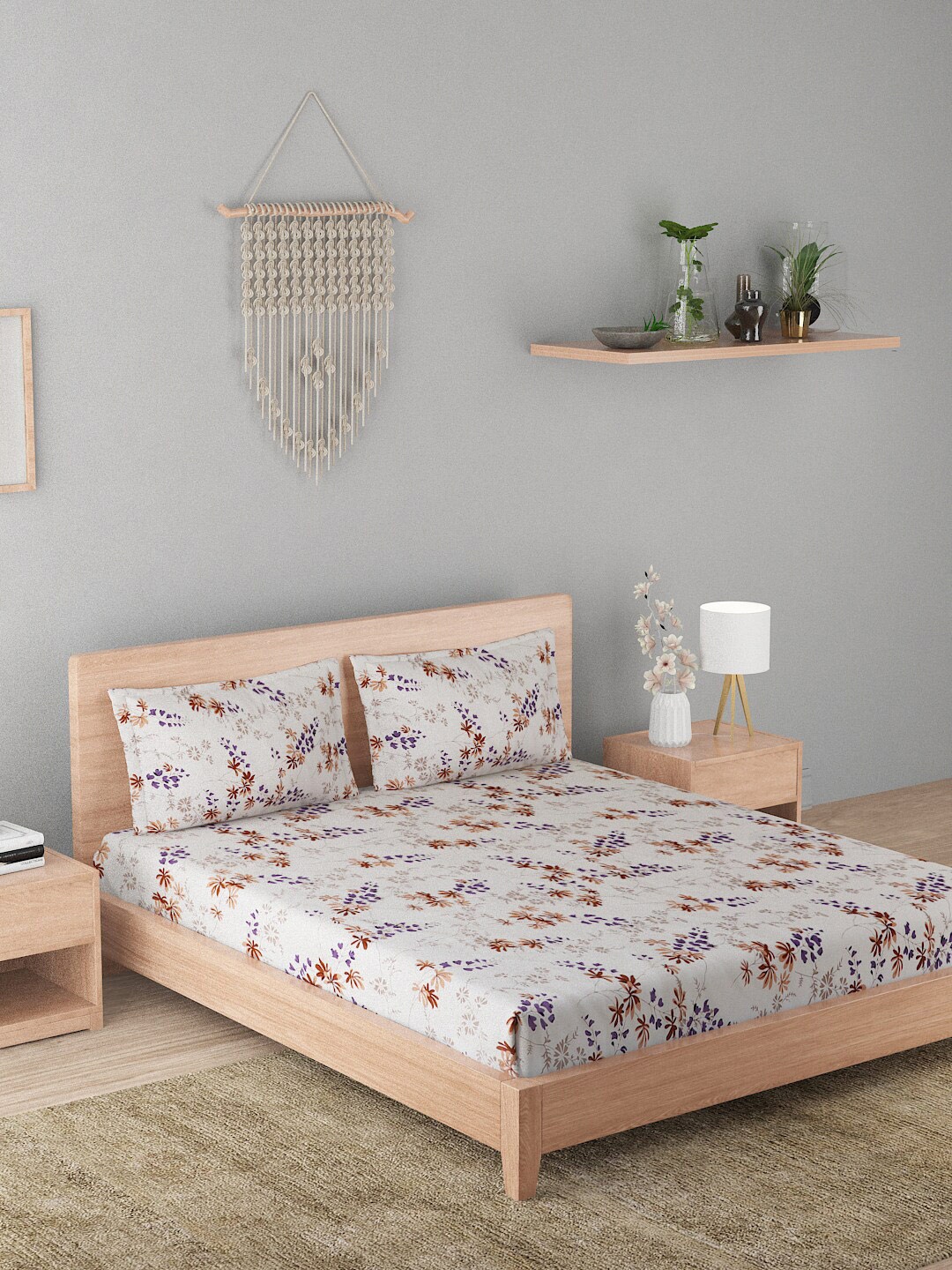 

A Homes Grace Off White Printed 180 TC Cotton Queen Bedsheet with 2 Pillow Covers