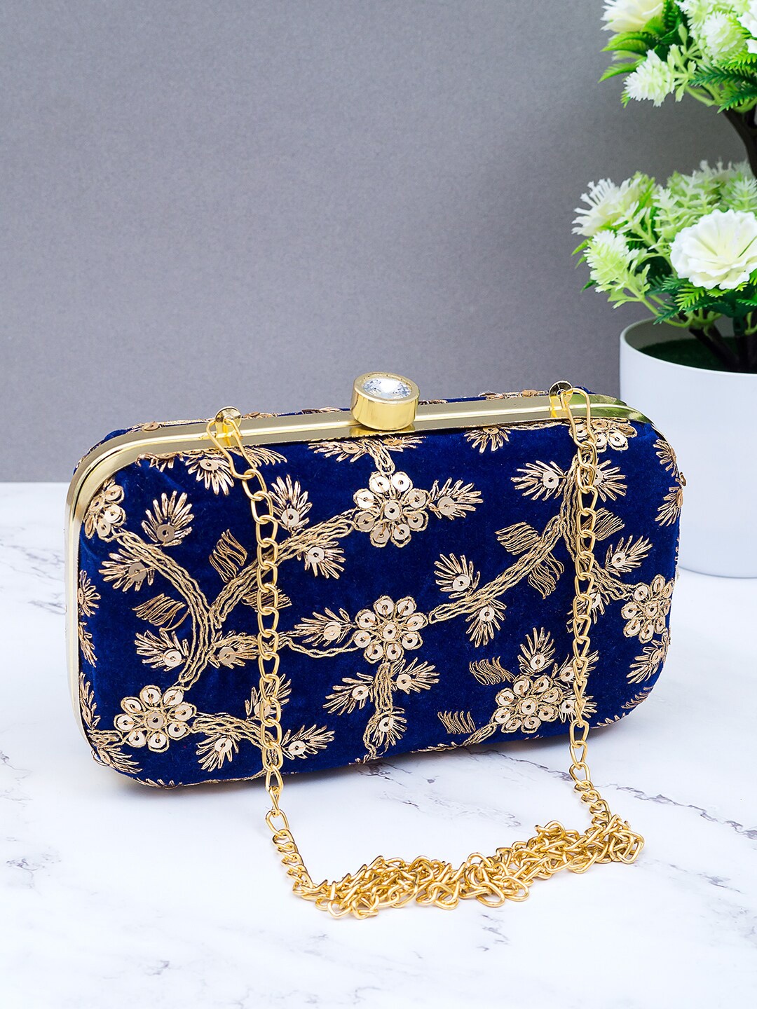 

Golden Peacock Embroidered Embellished Box Clutch, Blue