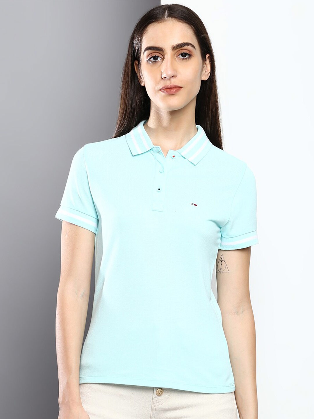 

Tommy Hilfiger Women Polo Collar Slim Fit Cotton T-shirt, Blue