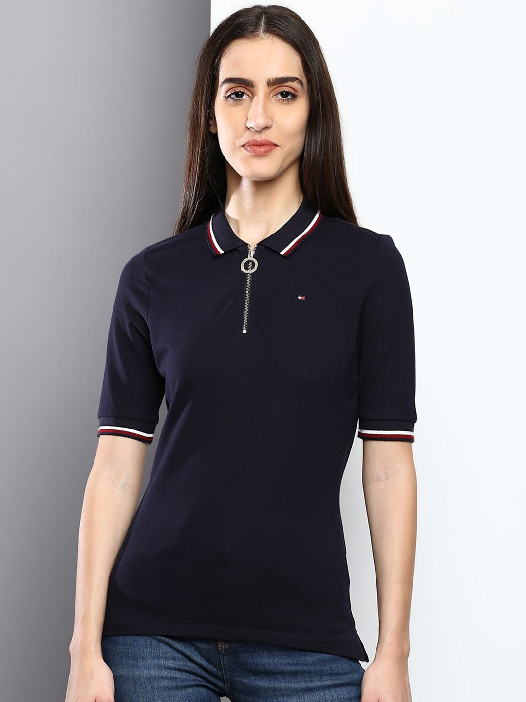 

Tommy Hilfiger Women Polo Collar Cotton Slim Fit T-shirt, Navy blue