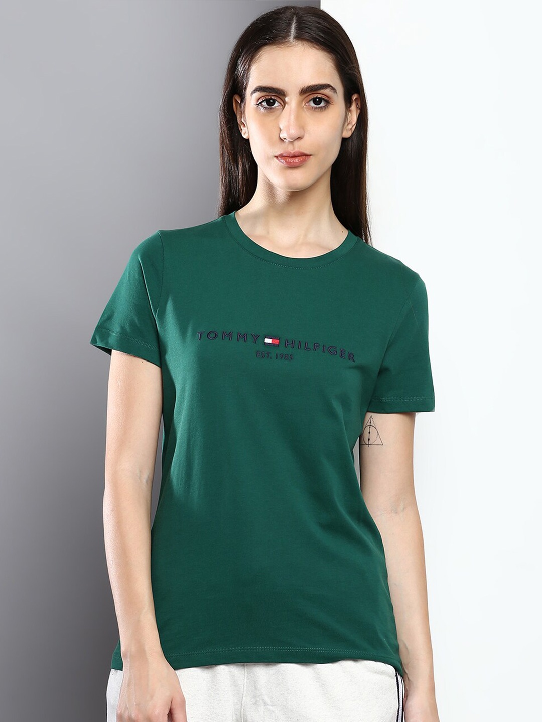 

Tommy Hilfiger Women Round Neck Cotton T-shirt, Green