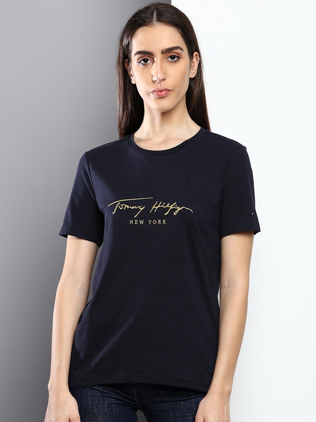 

Tommy Hilfiger Women Typography Printed Cotton T-shirt, Navy blue