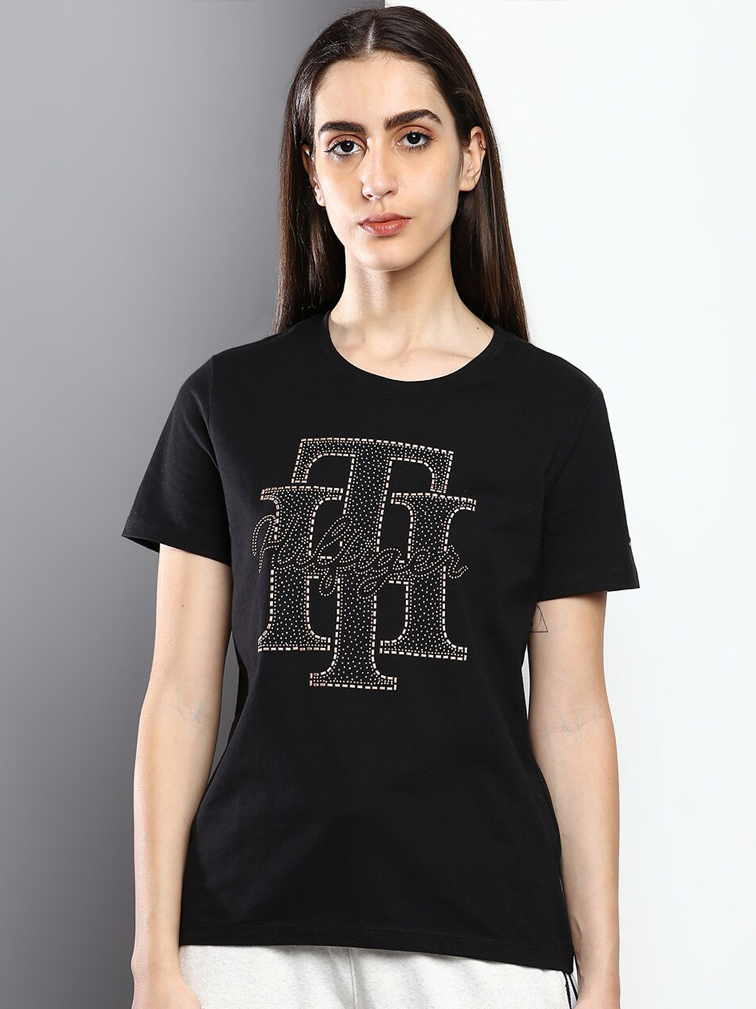 

Tommy Hilfiger Women Typography Printed Cotton T-shirt, Black