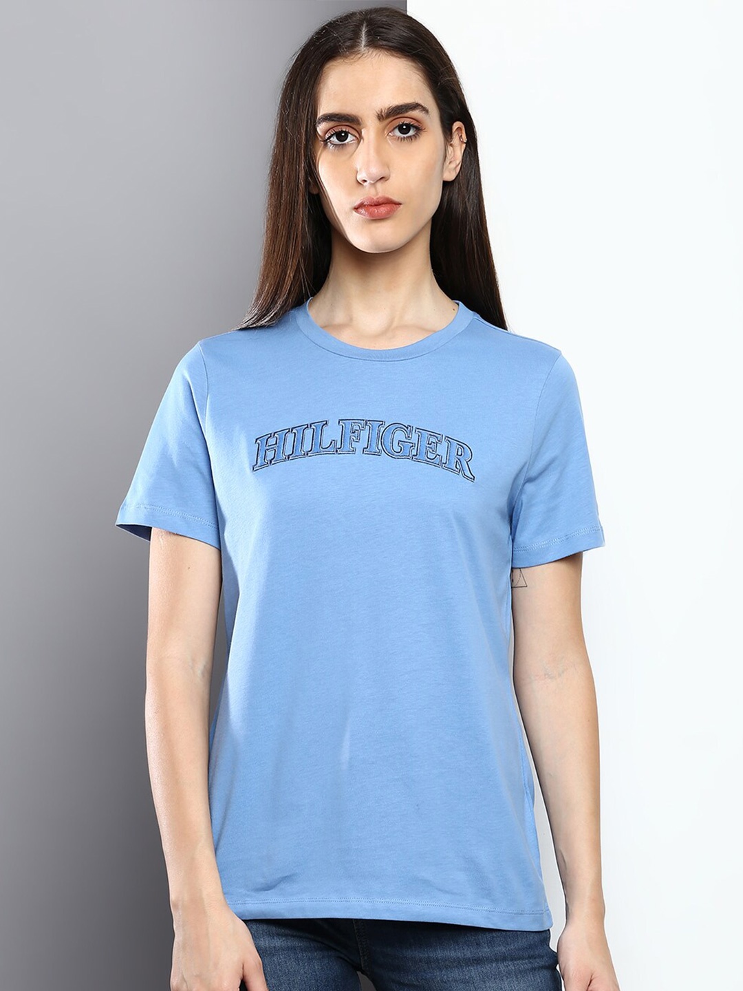 

Tommy Hilfiger Women Typography Printed Cotton T-shirt, Blue