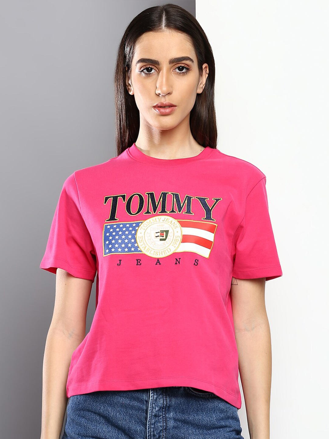 

Tommy Hilfiger Women Typography Printed Raw Edge T-shirt, Pink