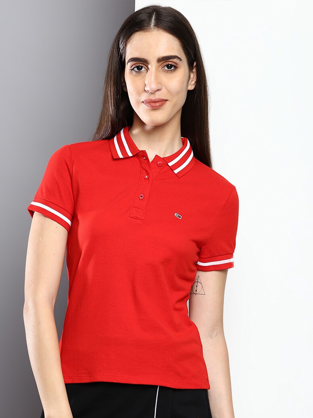 

Tommy Hilfiger Women Polo Collar Slim Fit Cotton T-shirt, Red