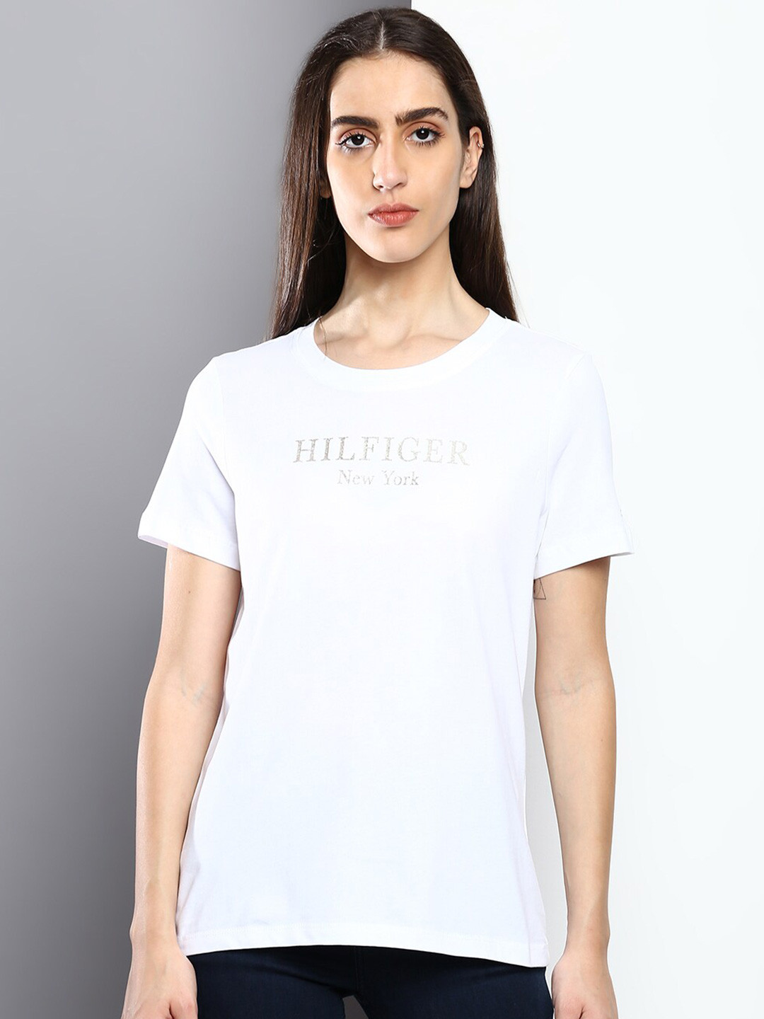 

Tommy Hilfiger Women White Typography Printed Cotton T-shirt