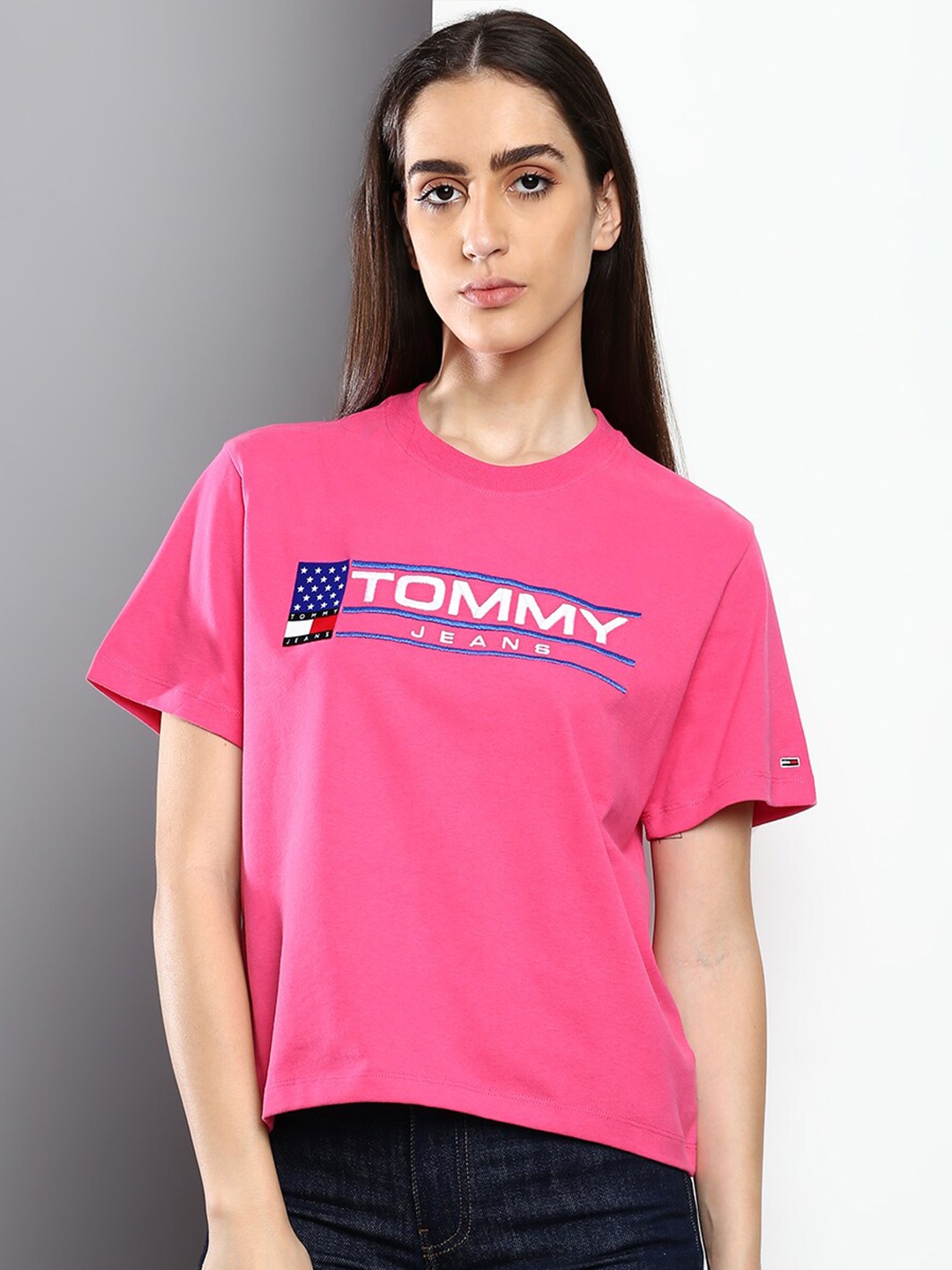 

Tommy Hilfiger Women Typography Printed Cotton T-shirt, Pink