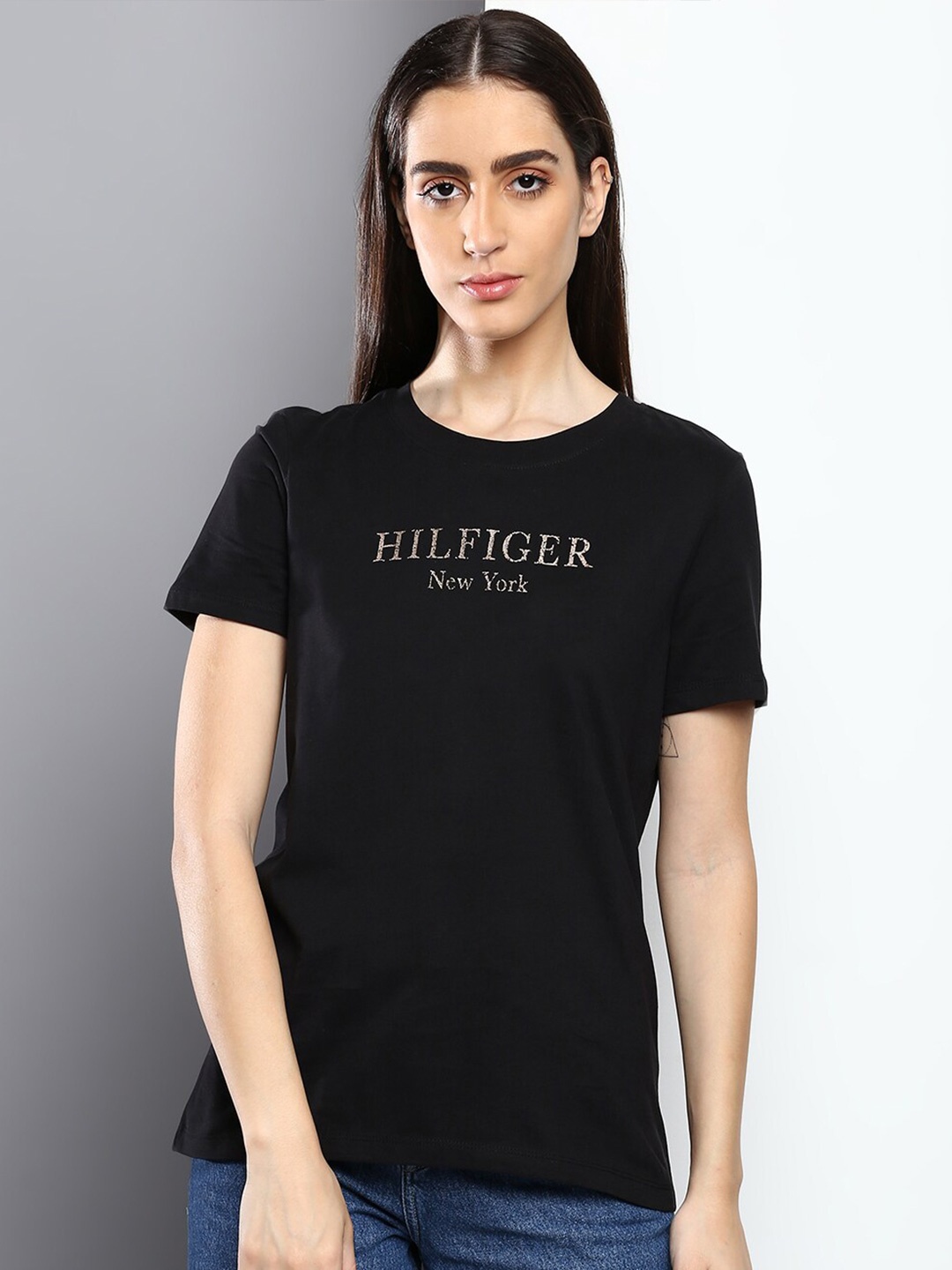 

Tommy Hilfiger Women Typography Printed Cotton T-shirt, Black