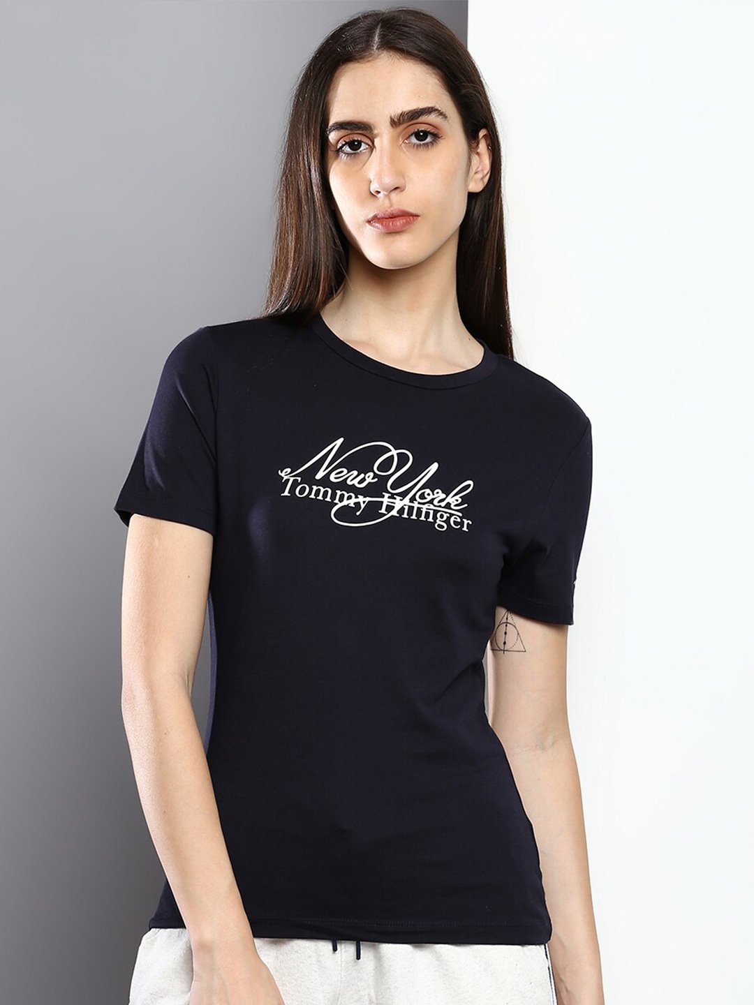 

Tommy Hilfiger Women Typography Printed Slim Fit Cotton T-shirt, Blue