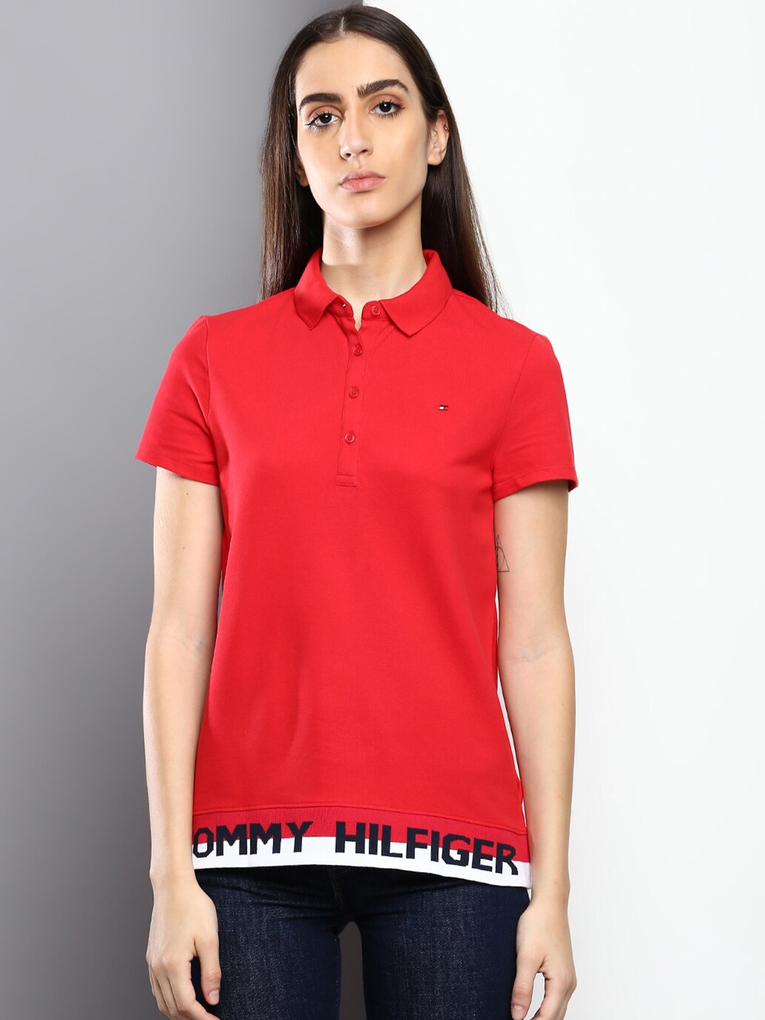 

Tommy Hilfiger Women Polo Collar Cotton T-shirt, Red