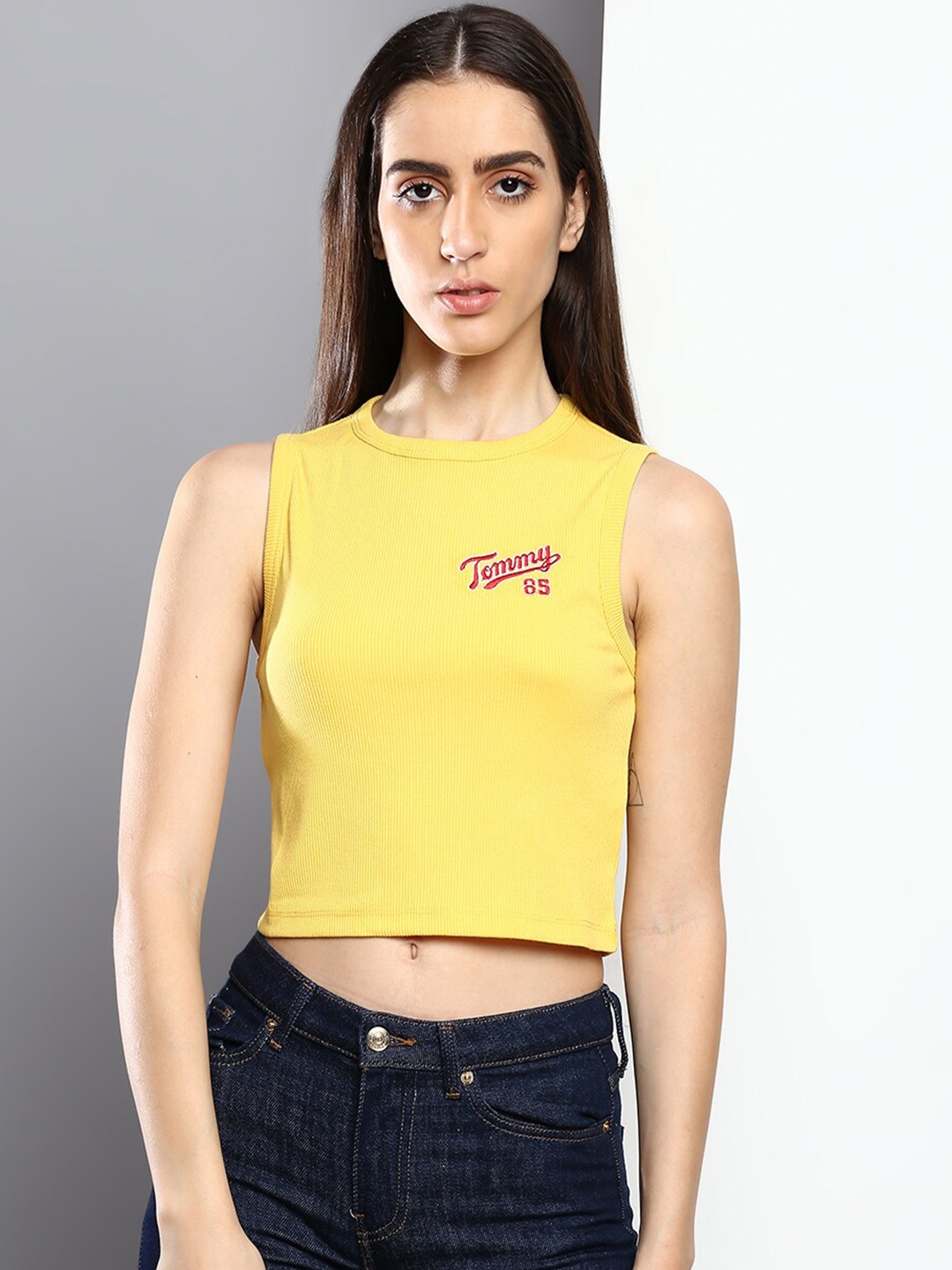 

Tommy Hilfiger Women Cotton Solid Slim Fit Round Neck T-shirt, Yellow