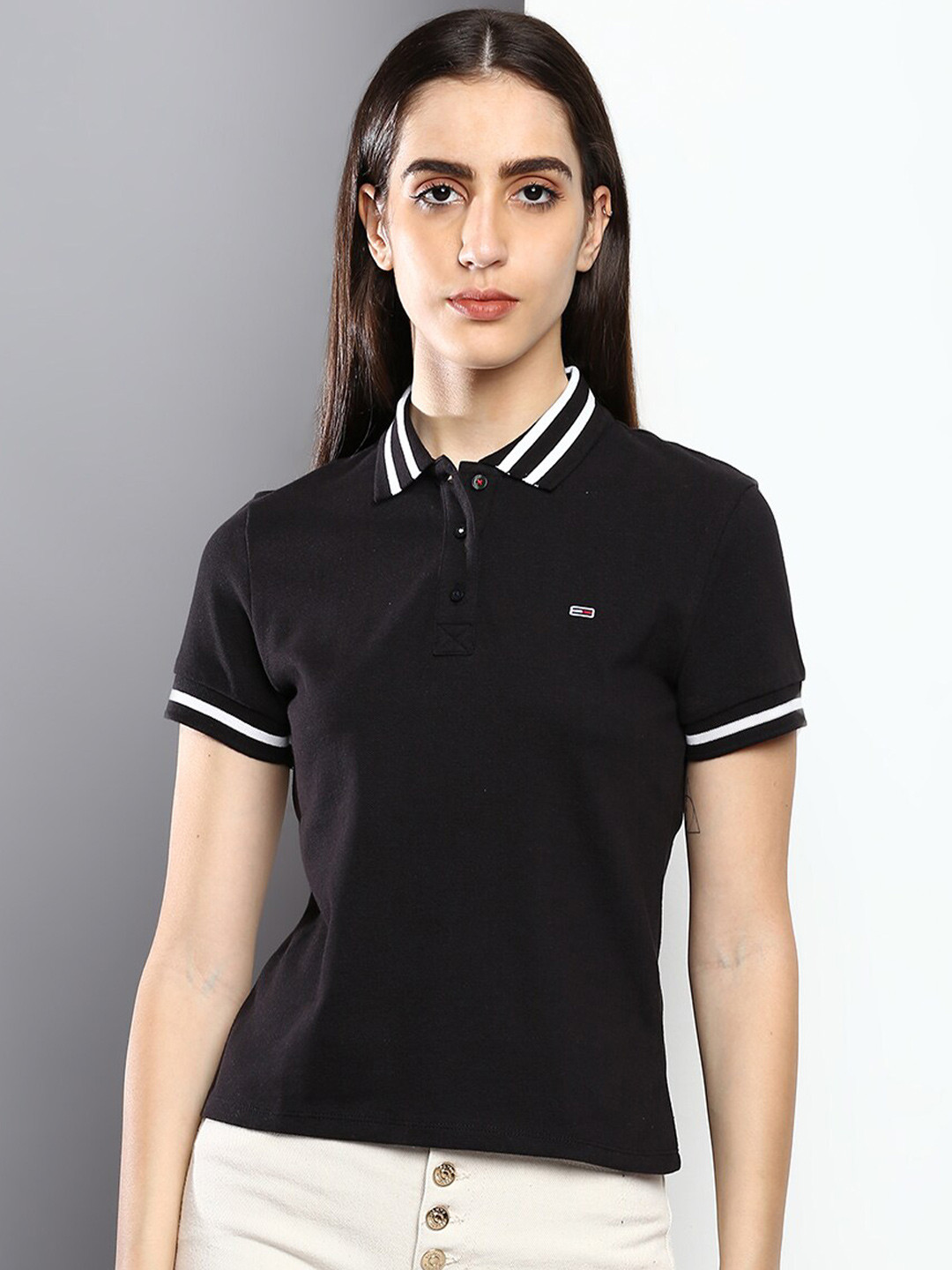 

Tommy Hilfiger Women Cotton Polo Collar Slim Fit T-shirt, Black