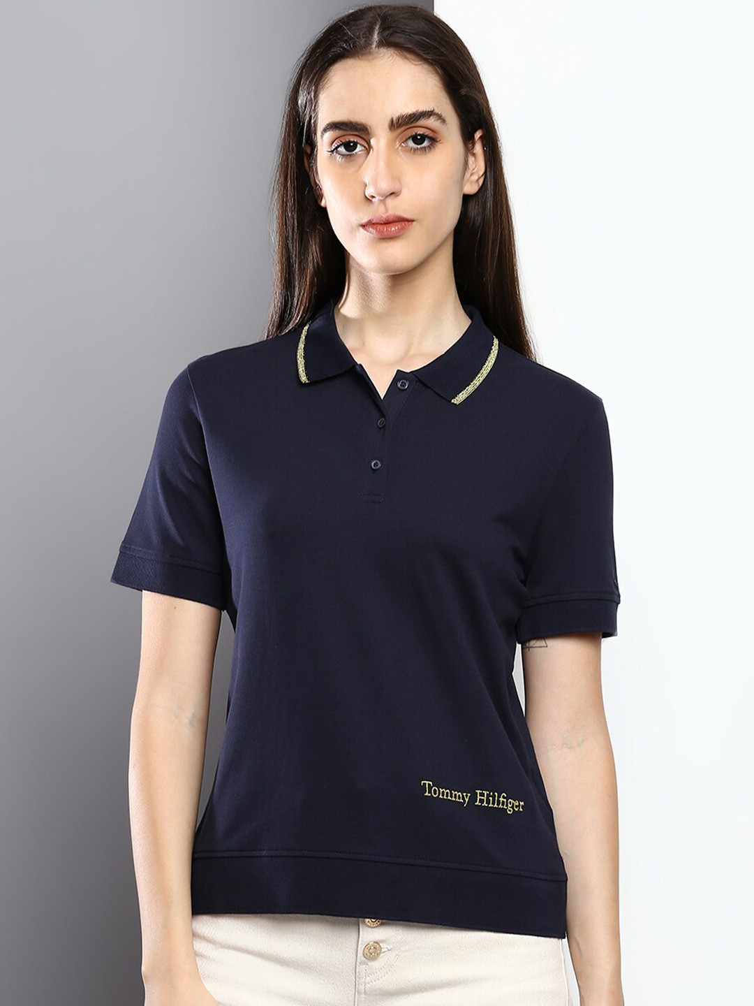 

Tommy Hilfiger Women Solid Cotton Polo Collar T-shirt, Navy blue