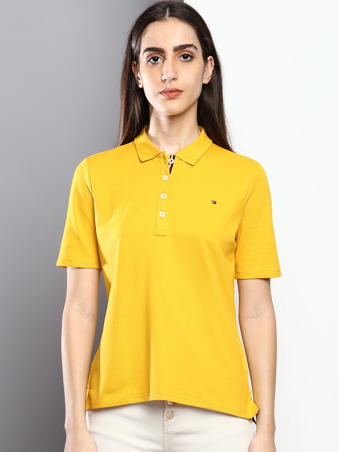 

Tommy Hilfiger Women Solid Polo Collar T-shirt, Yellow