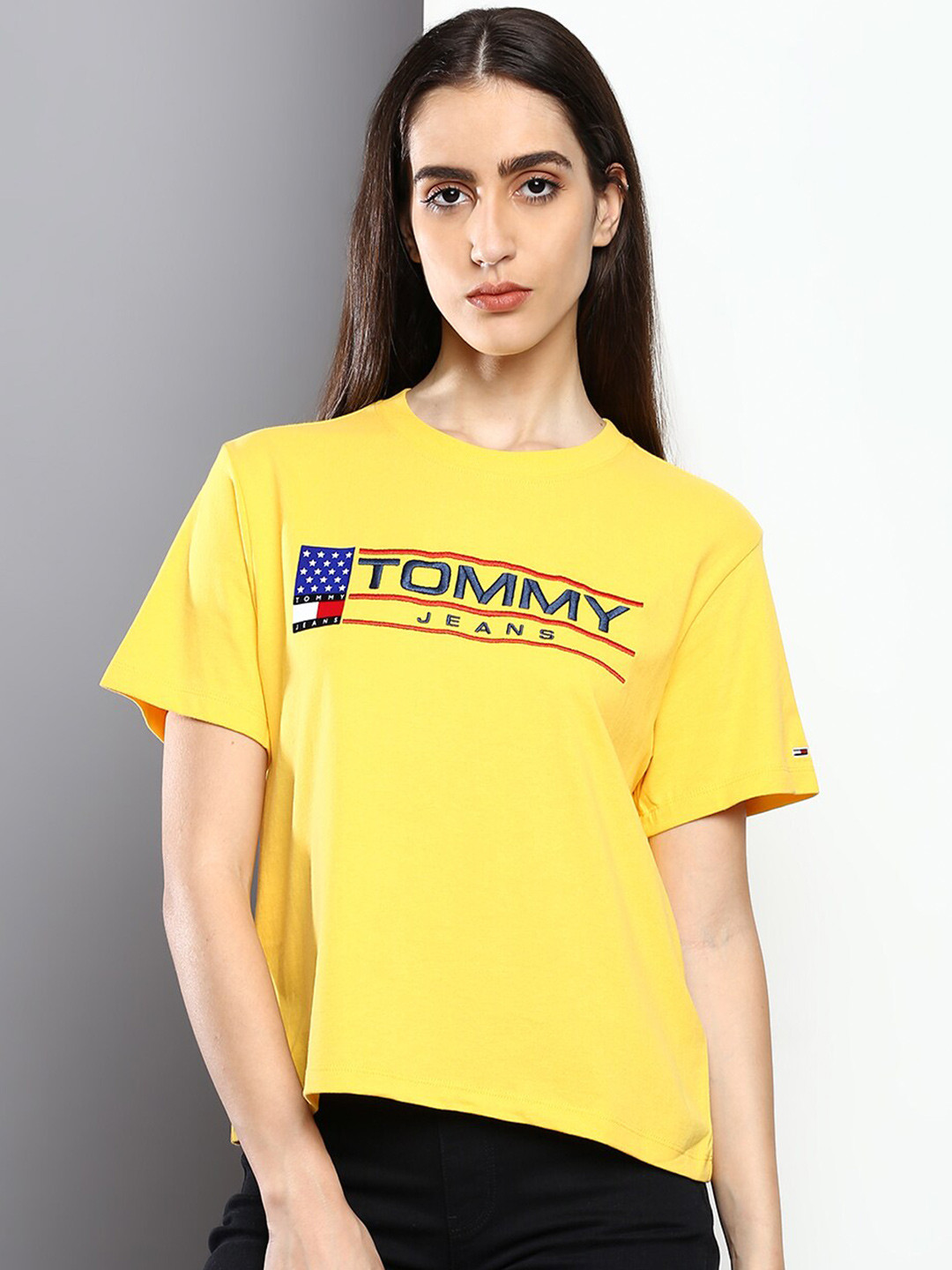 

Tommy Hilfiger Women Typography Printed Cotton Round Neck T-shirt, Yellow