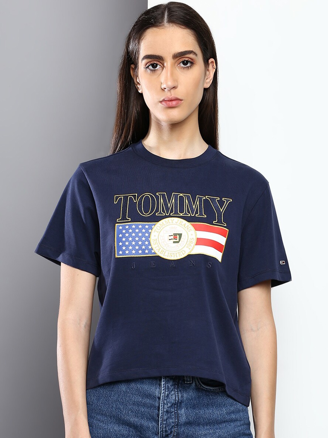 

Tommy Hilfiger Women Typography Printed Cotton Round Neck T-shirt, Navy blue