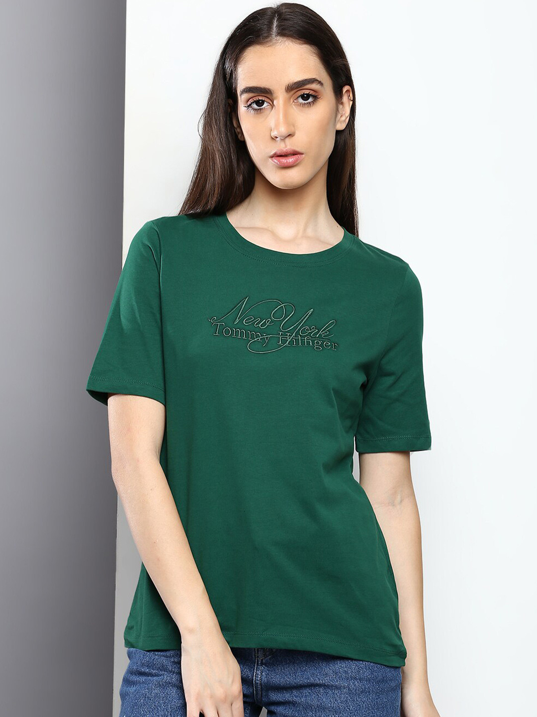 

Tommy Hilfiger Women Cotton Typography Printed T-shirt, Green