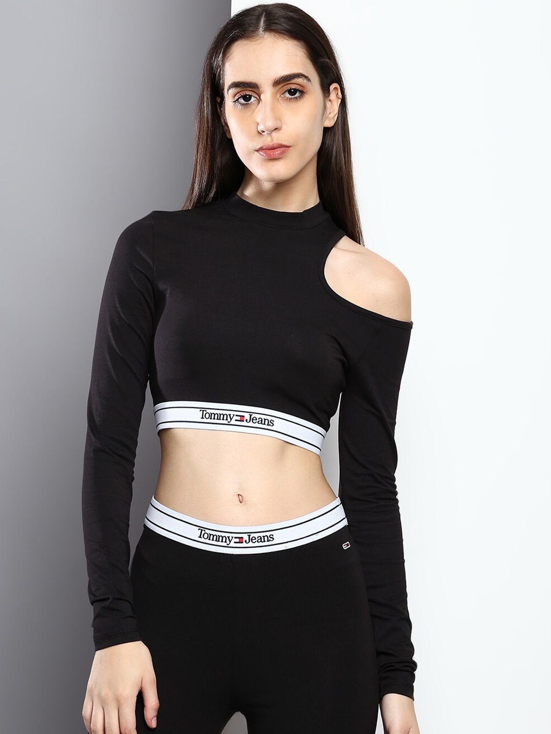 

Tommy Hilfiger High Neck Cut Out Fitted Crop Top, Black