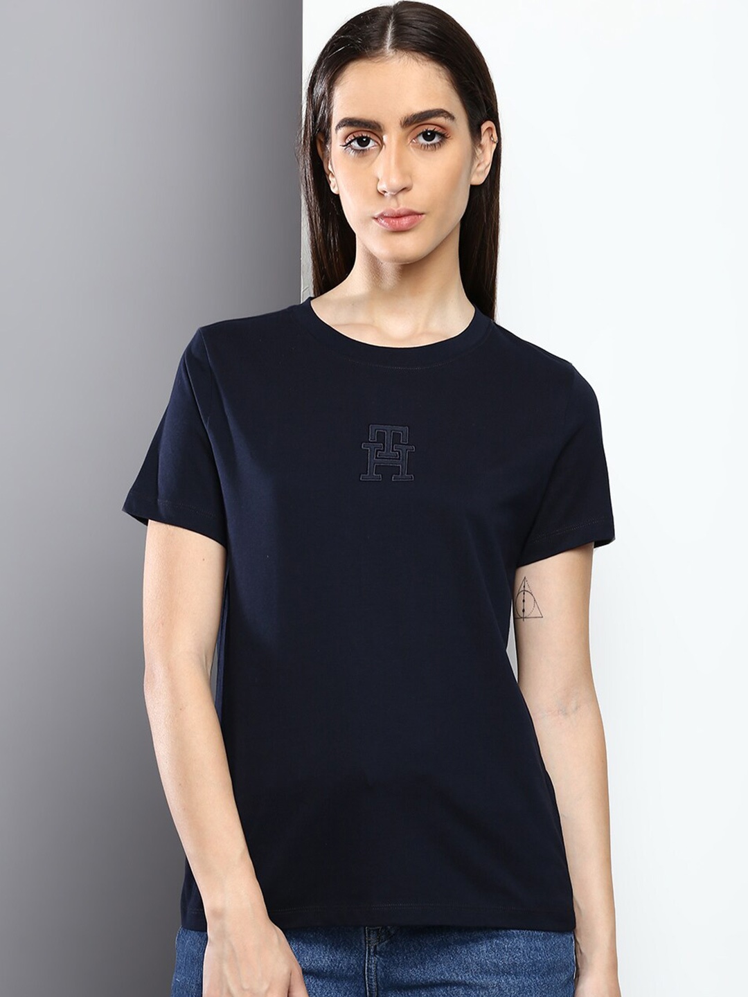 

Tommy Hilfiger Women Cotton Solid Round Neck T-shirt, Navy blue