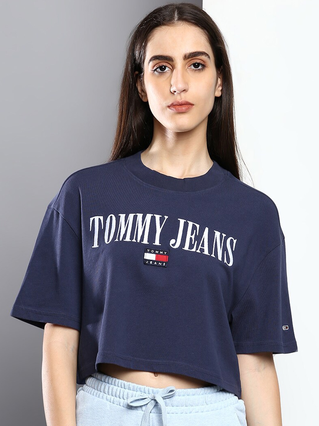 

Tommy Hilfiger Women Cotton Typography Printed Applique T-shirt, Blue