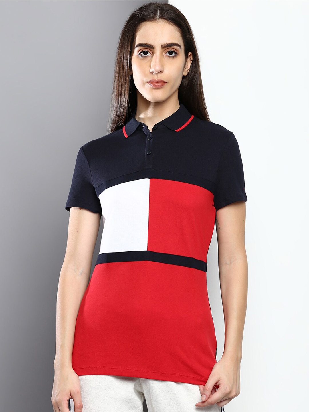 

Tommy Hilfiger Women Cotton Colourblocked Polo Collar T-shirt, Navy blue