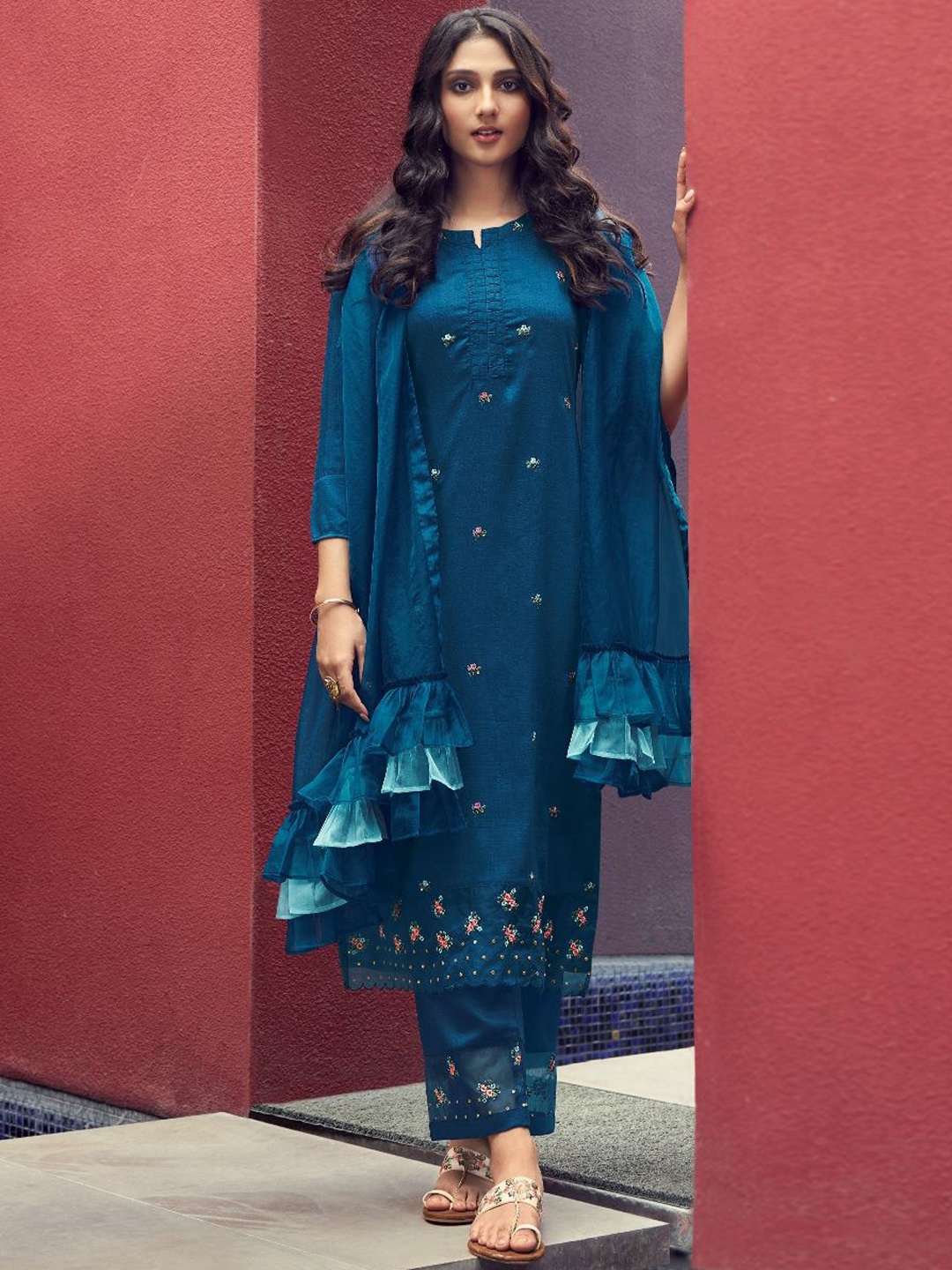 

AUTUMN LANE Floral Embroidered Sequinned Kurta with Trousers & With Dupatta, Blue