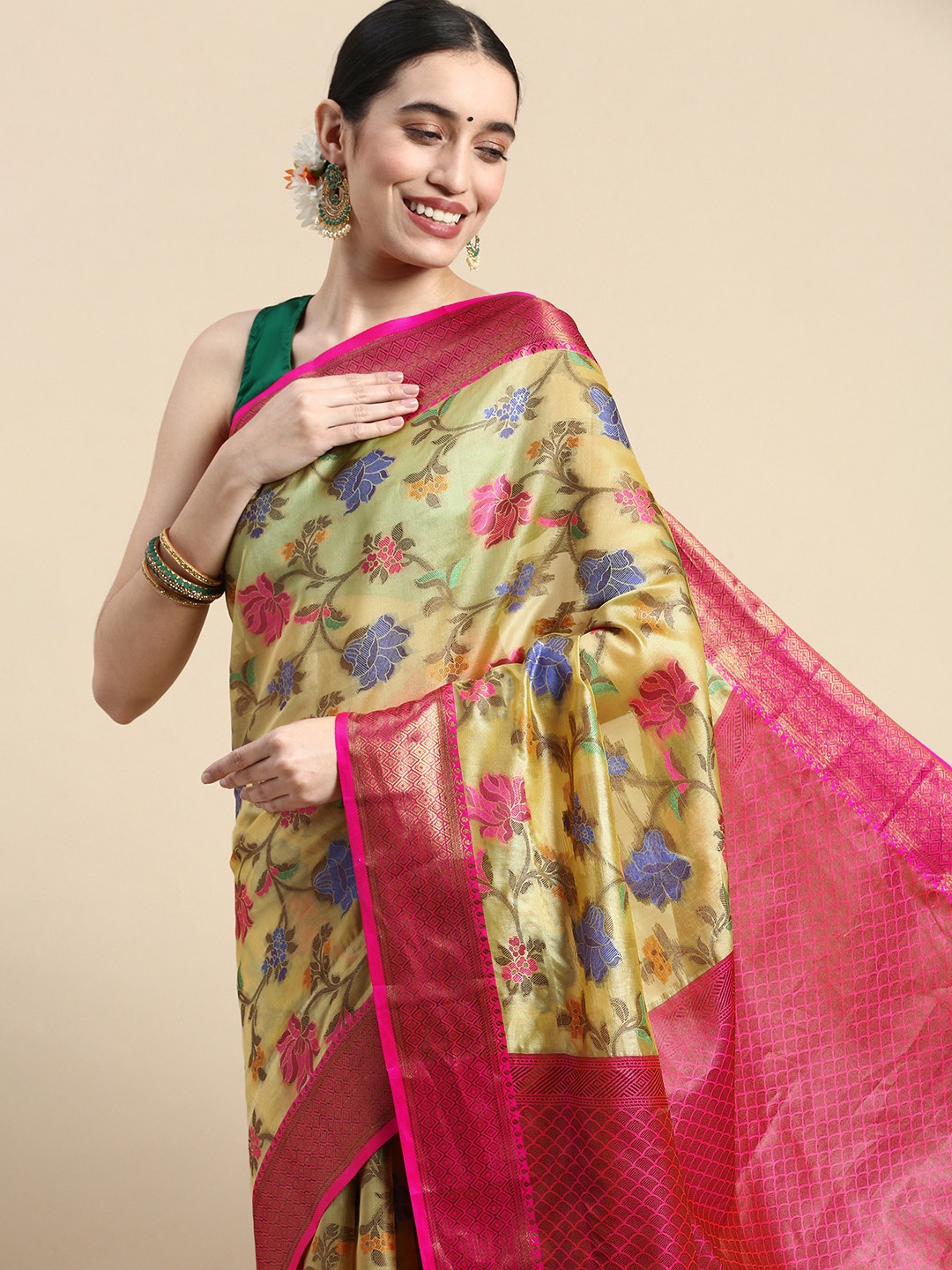 

WILORI Woven Design Zari Organza Silk Saree, Beige