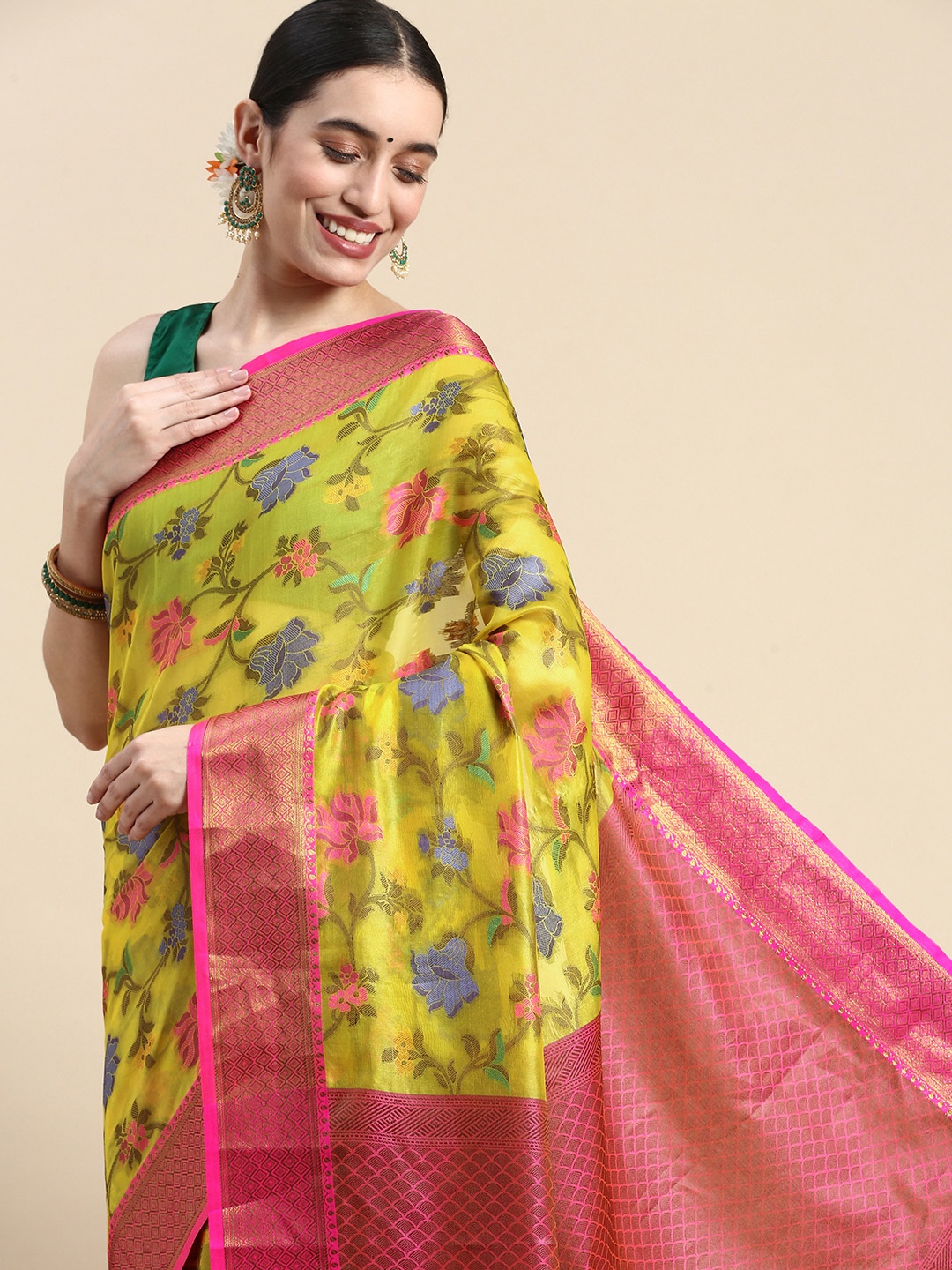 

WILORI Woven Design Zari Organza Silk Saree, Yellow