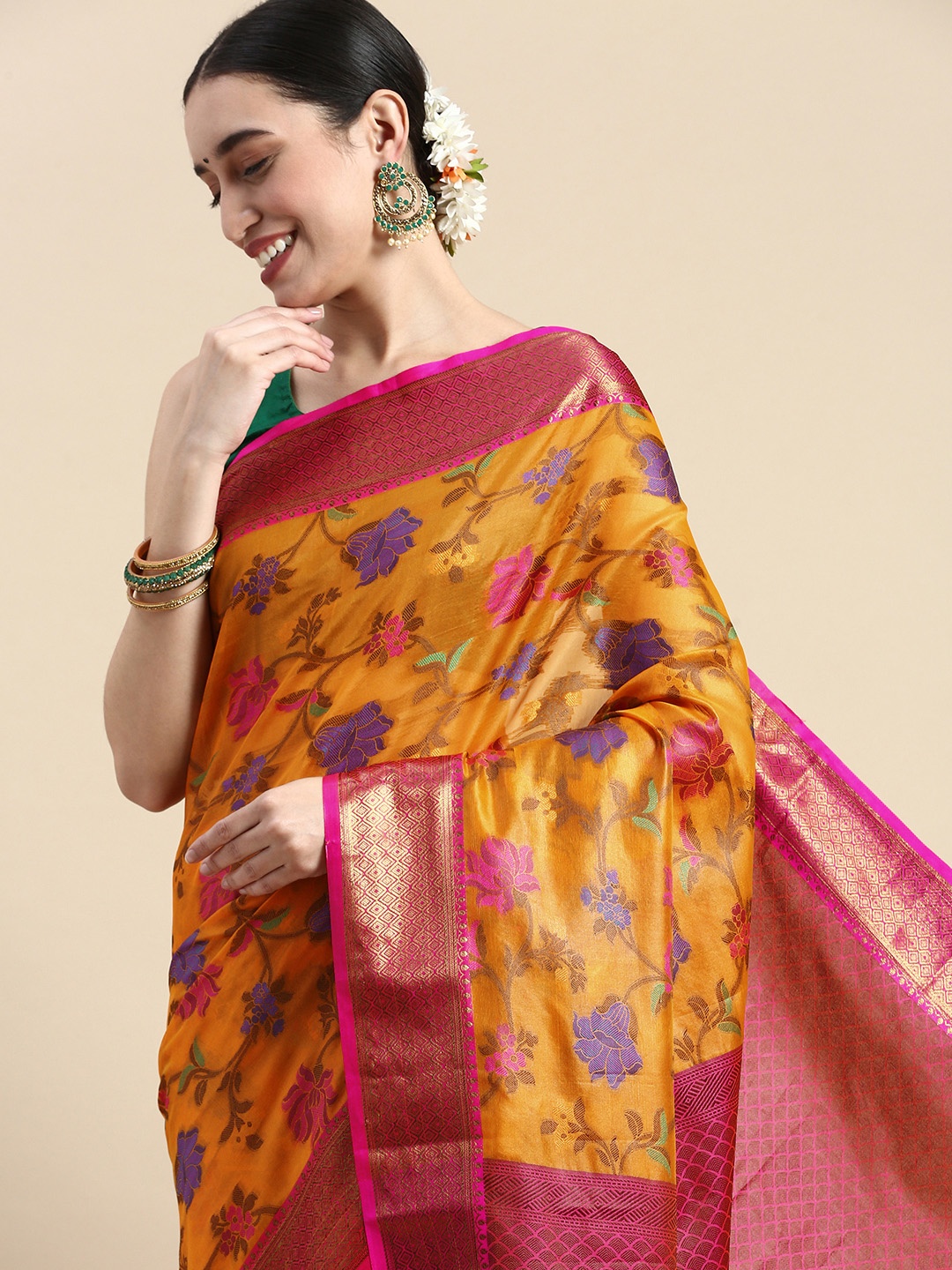 

WILORI Woven Design Zari Organza Silk Saree, Orange