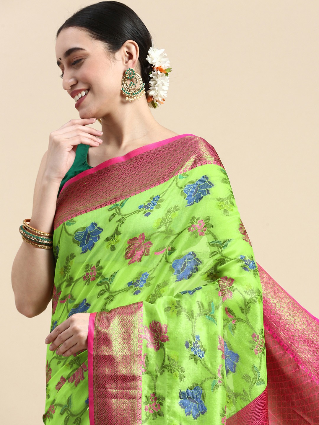 

WILORI Woven Design Zari Organza Silk Saree, Green