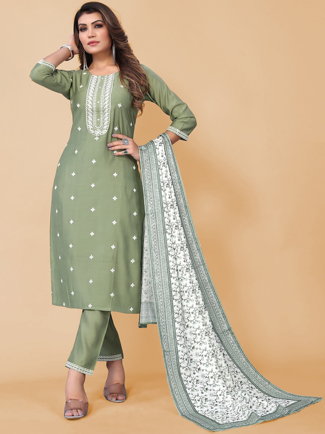 

KALINI Women Floral Embroidered Thread Work Kurta with Trousers & Dupatta, Olive