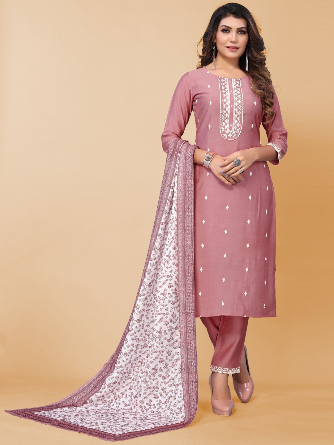 

KALINI Women Floral Embroidered Thread Work Kurta with Trousers & Dupatta, Mauve