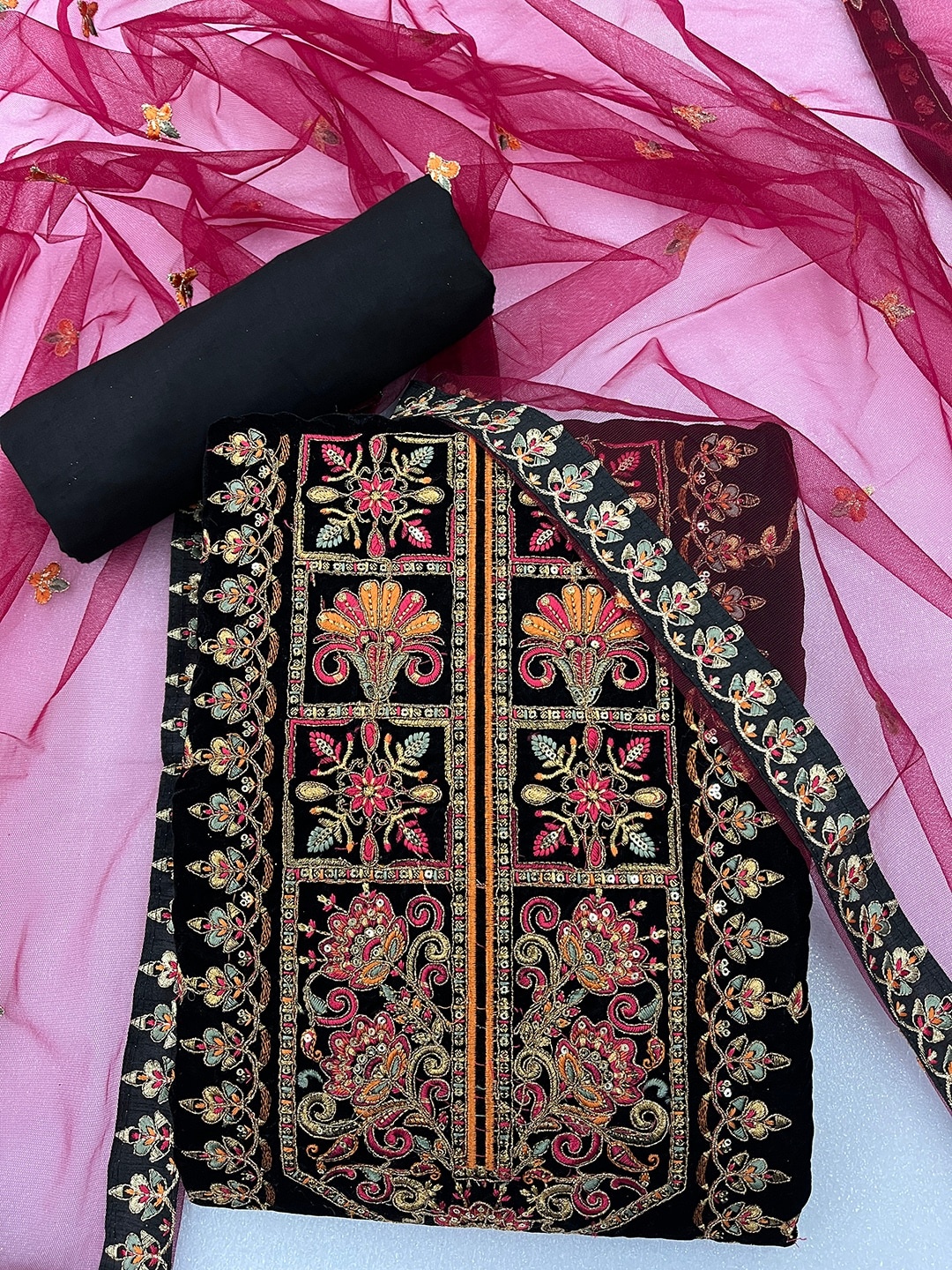 

JATRIQQ Embroidered Velvet Unstitched Dress Material, Black