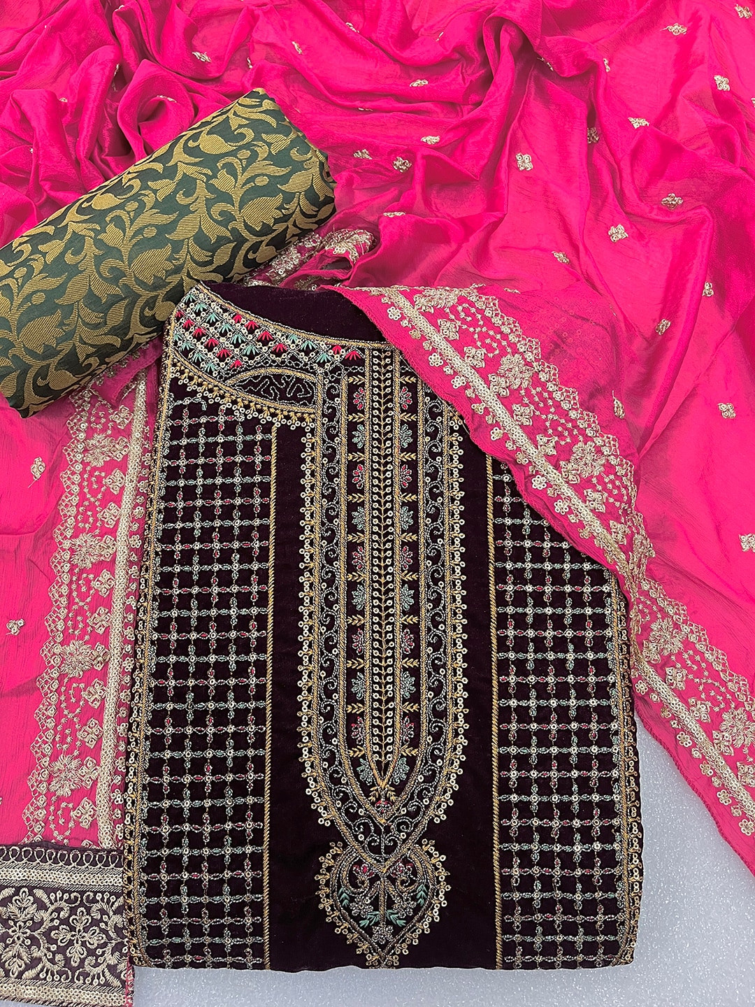 

JATRIQQ Embroidered Velvet Unstitched Dress Material, Burgundy
