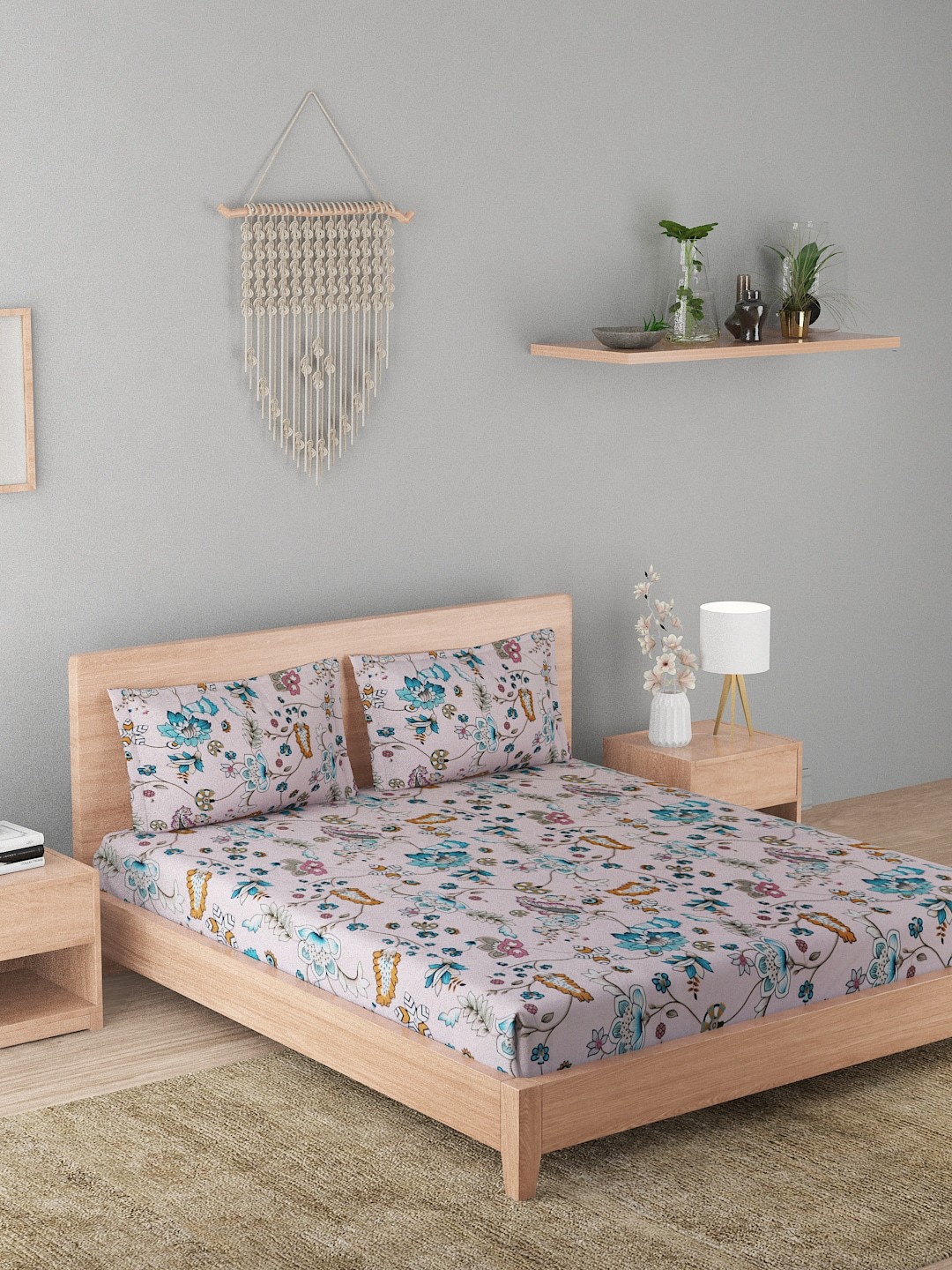 

A Homes Grace Pink & Blue Floral Printed 180 TC Cotton Queen Bedsheet with 2 Pillow Covers