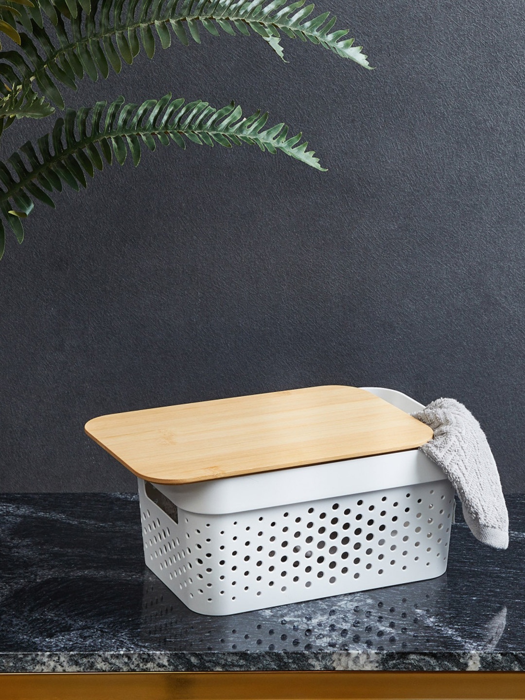 

Home Centre Regan Infinity White Textured Rectangular Storage Basket with Bamboo Lid
