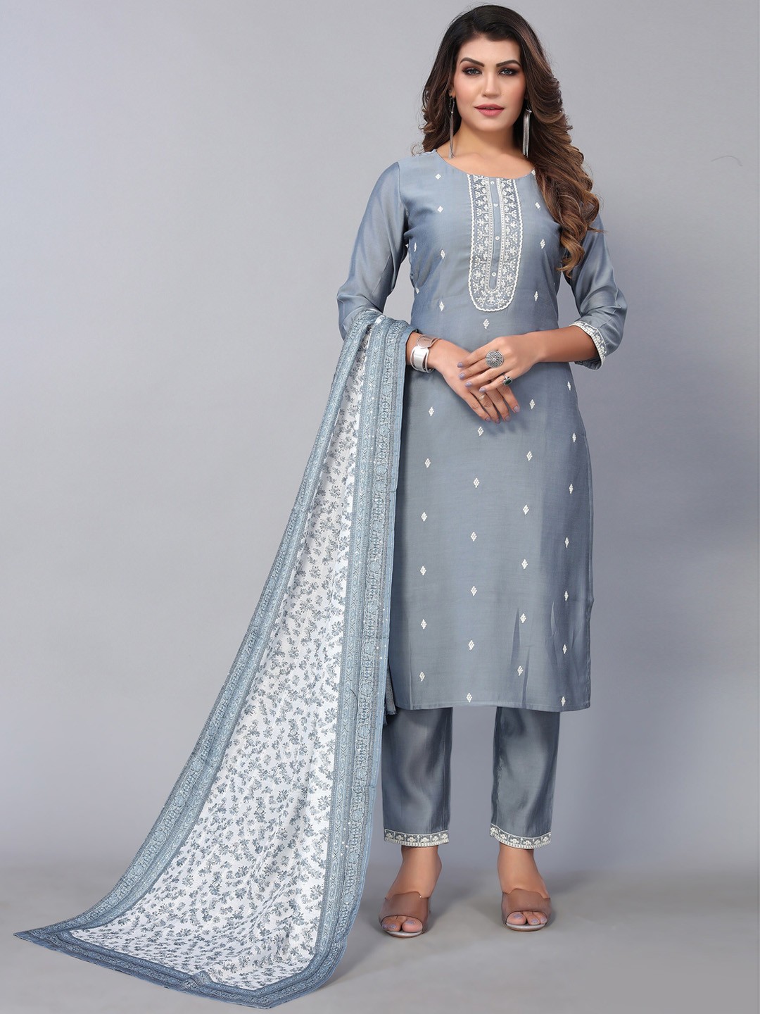 

Nimayaa Women Floral Embroidered Thread Work Kurta with Trousers & Dupatta, Blue