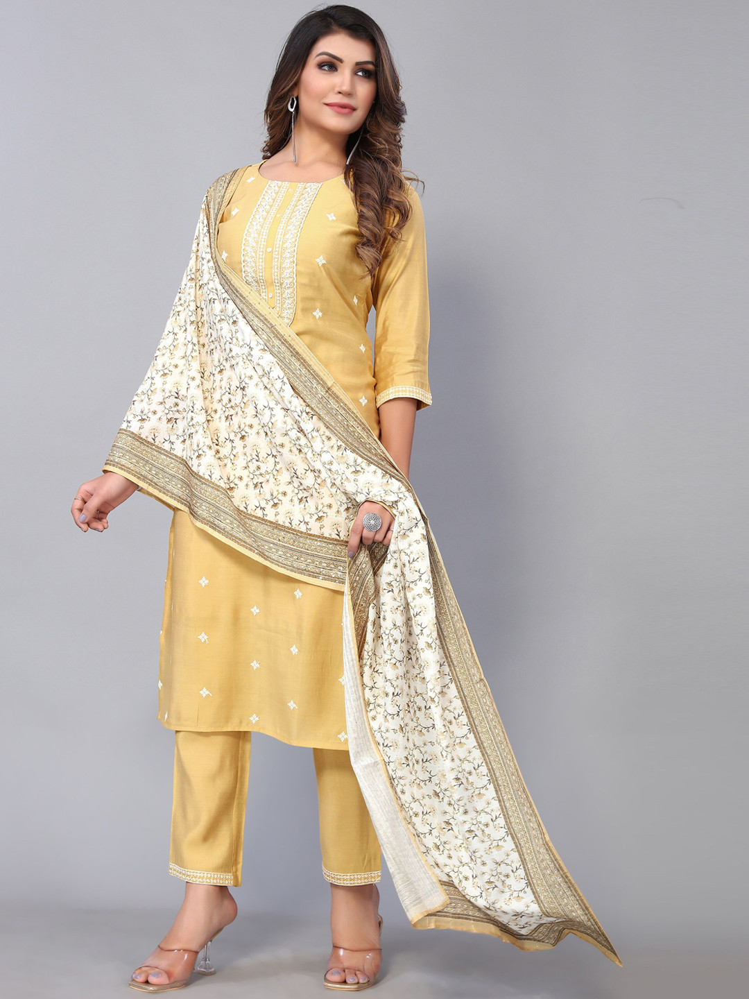 

Nimayaa Women Floral Embroidered Sequinned Kurta with Trousers & Dupatta, Yellow