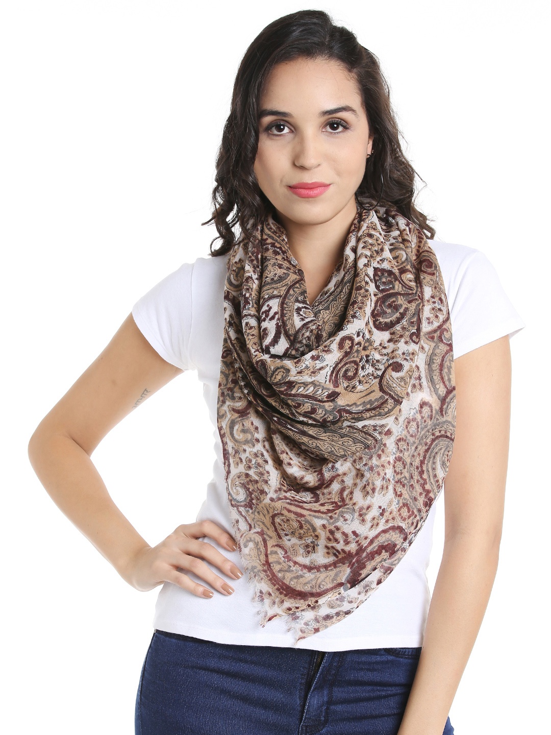 

Noi Cream-Coloured & Brown Printed Shawl