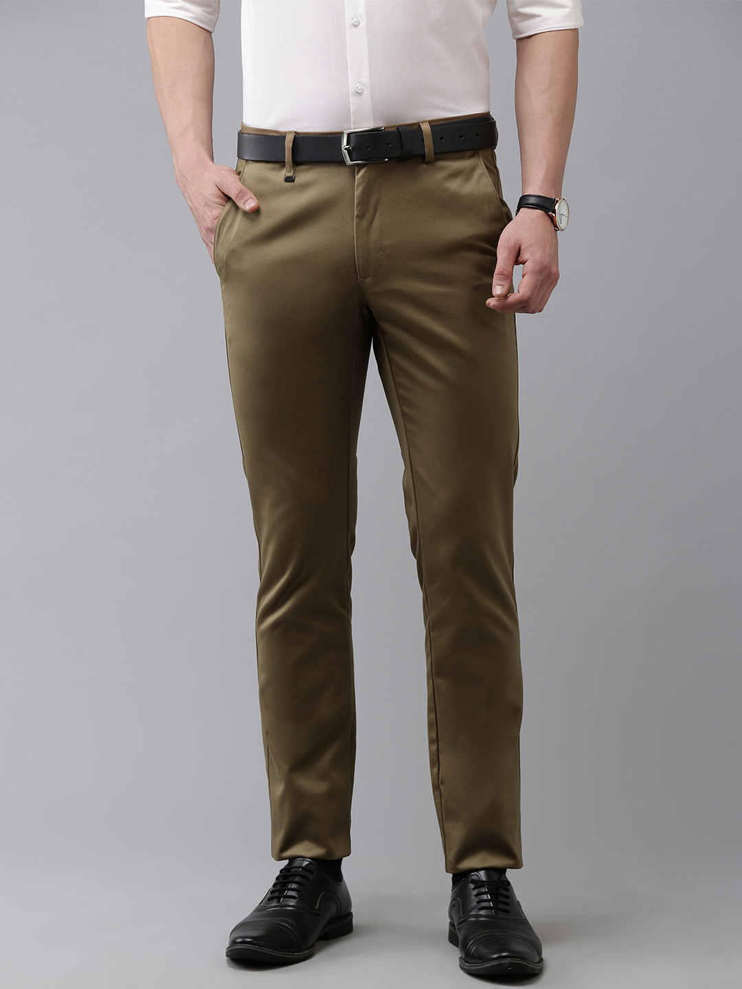 

Van Heusen Men Solid Slim Fit Formal Trousers, Khaki