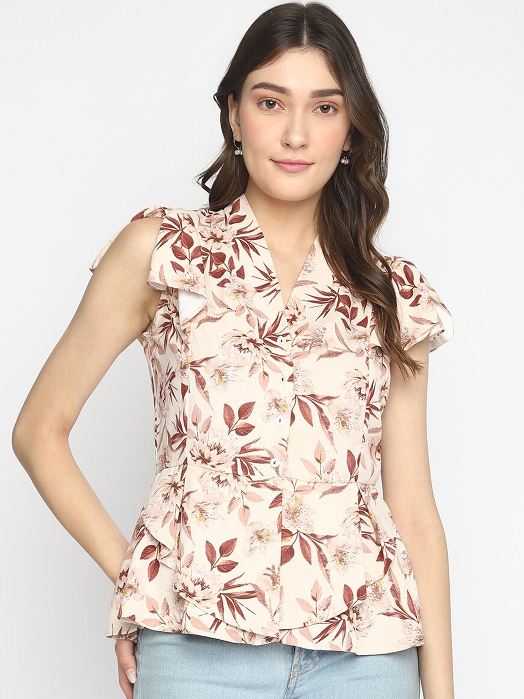 

Latin Quarters Floral Print V Neck Top, Cream
