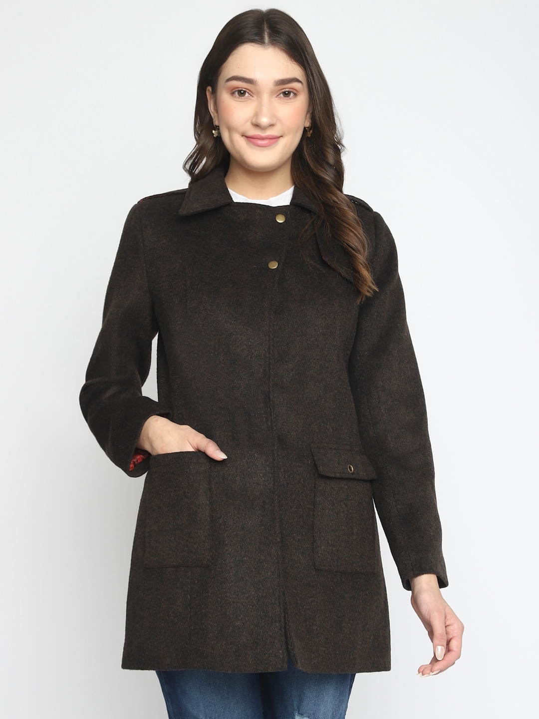 

Latin Quarters Women Single-Breasted Shirt Collar Longline Overcoat, Brown