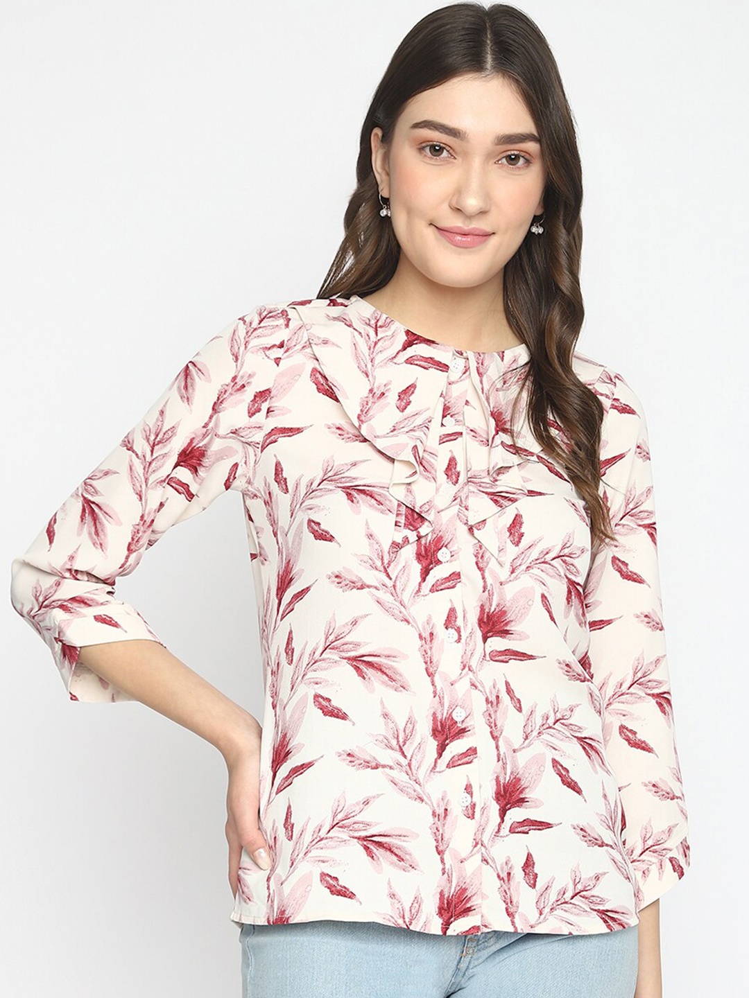 

Latin Quarters Floral Print Mandarin Collar Top, White