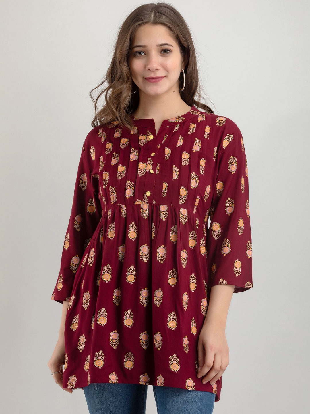 

NAYRAH Ethnic Printed Longline Top, Maroon