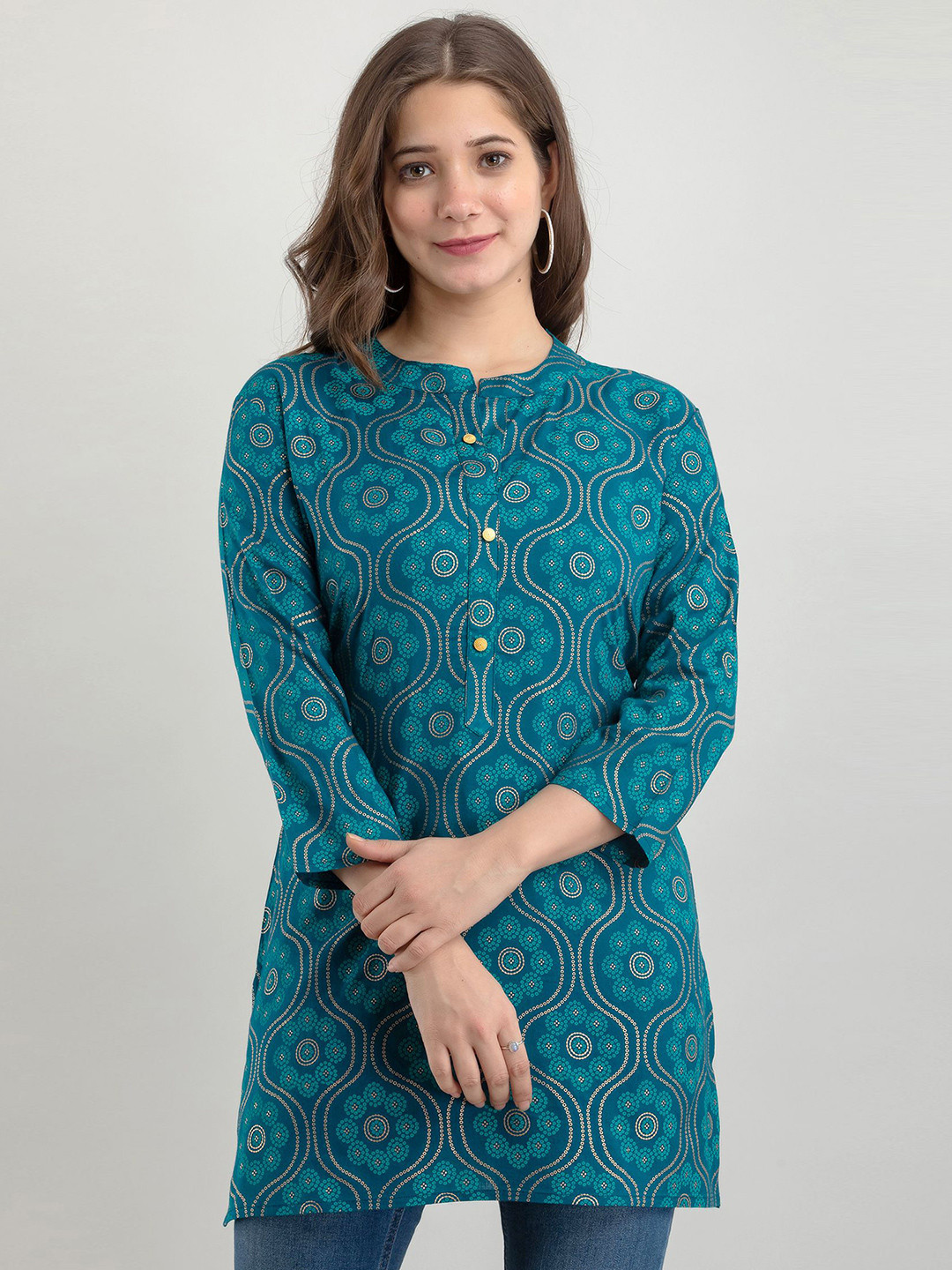 

NAYRAH Mandarin Collar Ethnic Printed Tunic, Sea green