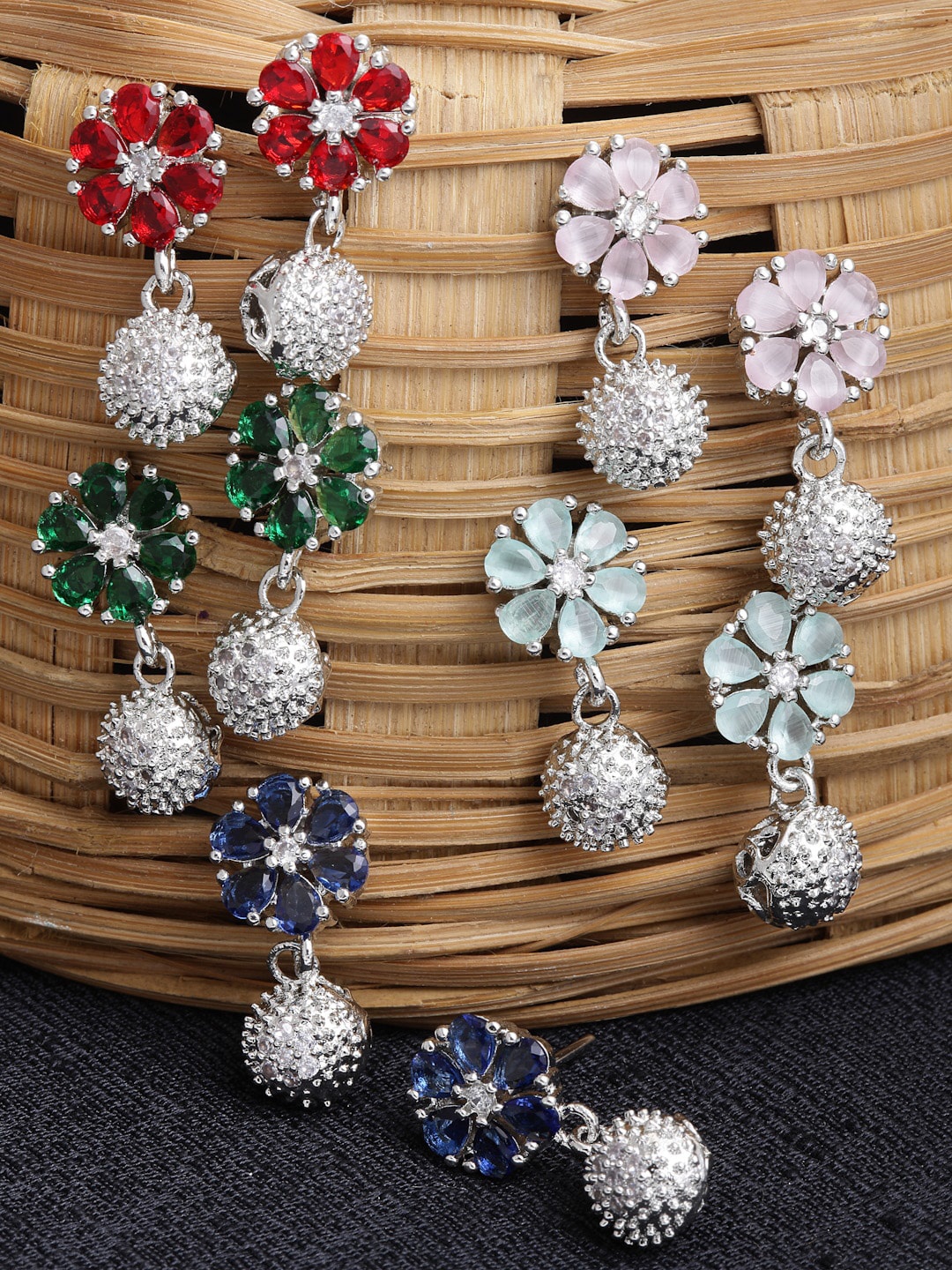 

ZENEME Set of 5 Rhodium Plated Floral Drop Earrings, Green
